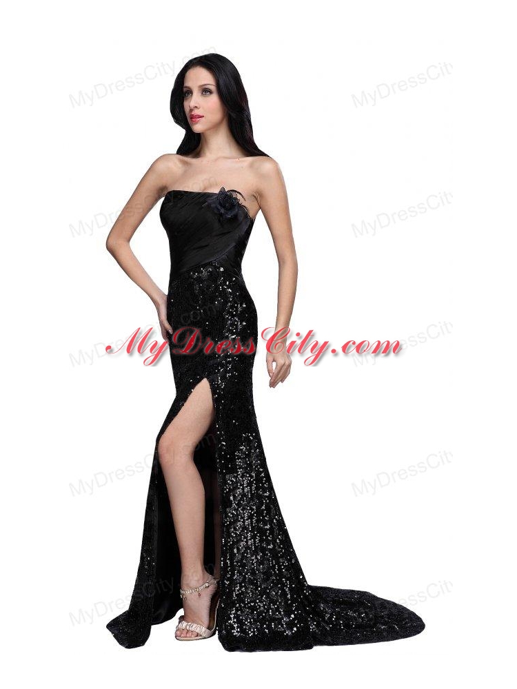 Column Black Strapless Sequins High Slit Brush Train Prom Dress