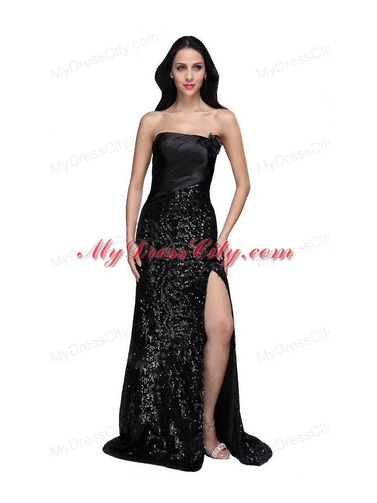 Column Black Strapless Sequins High Slit Brush Train Prom Dress
