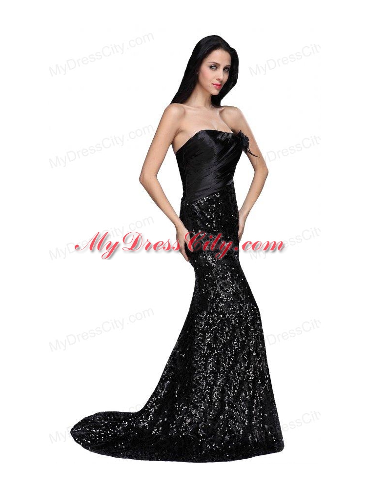 Column Black Strapless Sequins High Slit Brush Train Prom Dress