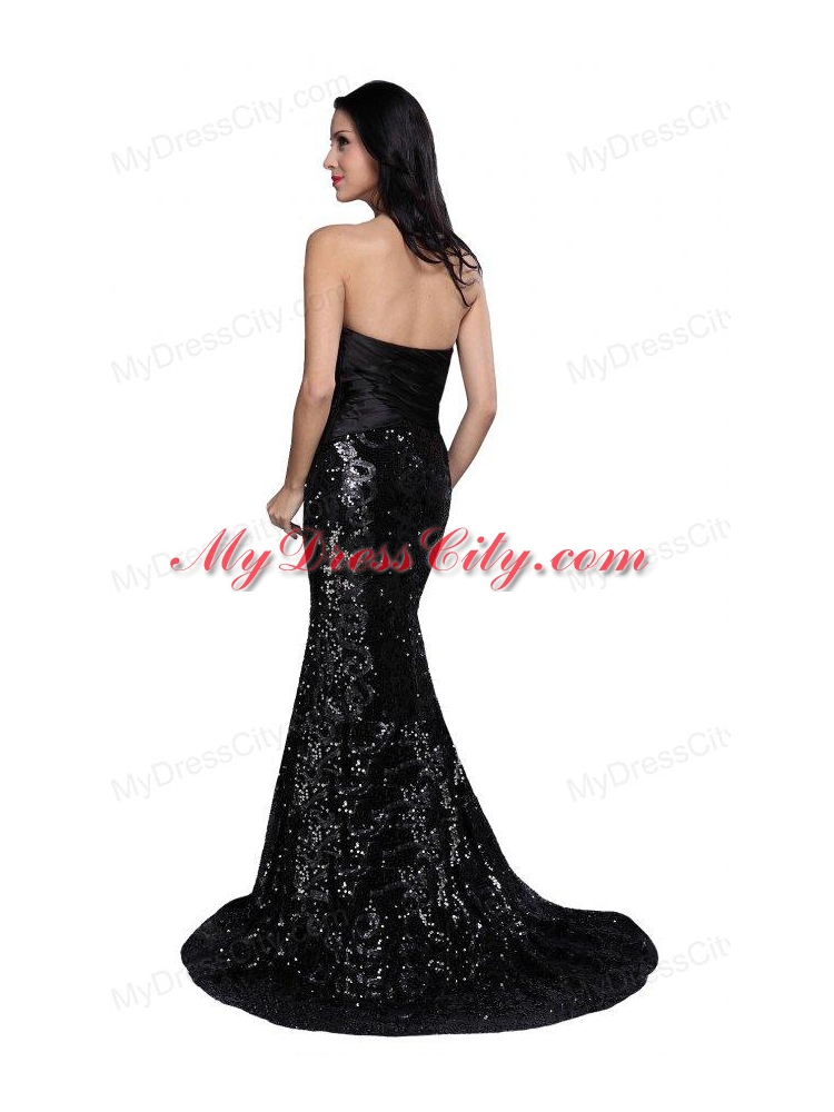 Column Black Strapless Sequins High Slit Brush Train Prom Dress