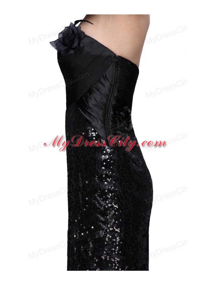 Column Black Strapless Sequins High Slit Brush Train Prom Dress