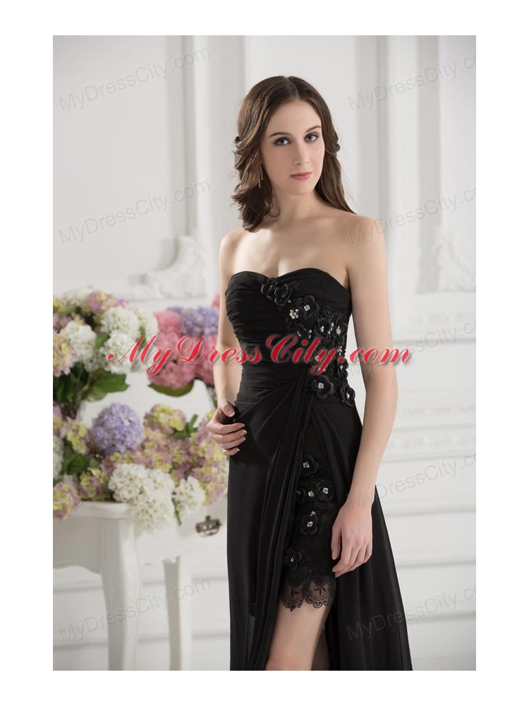 Column Seetheart Chiffon Beading Appliques High Slit Black Prom Dress