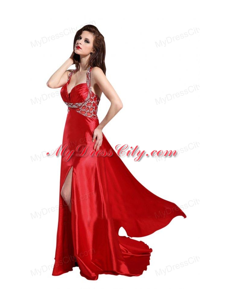 Column Straps Wine Red Beading and Ruching High Slit Prom Dress