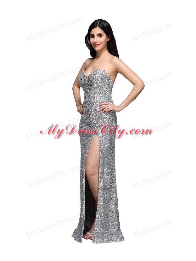 Column Sweetheart Silver Sequins High Slit Floor-length Long Prom Dress
