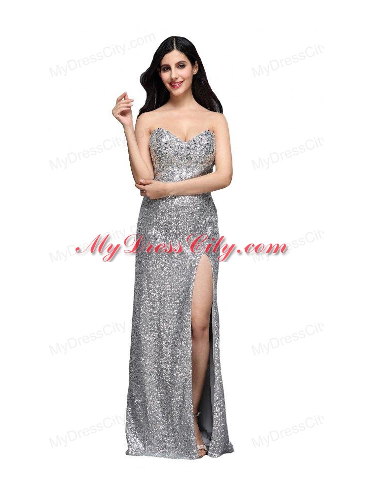 Column Sweetheart Silver Sequins High Slit Floor-length Long Prom Dress