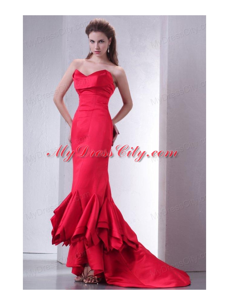 Coral Red Mermaid Sweetheart High-low Prom Dress with Ruffles