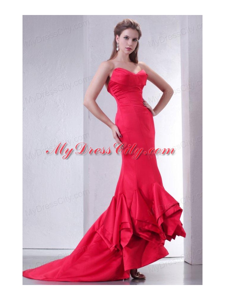 Coral Red Mermaid Sweetheart High-low Prom Dress with Ruffles