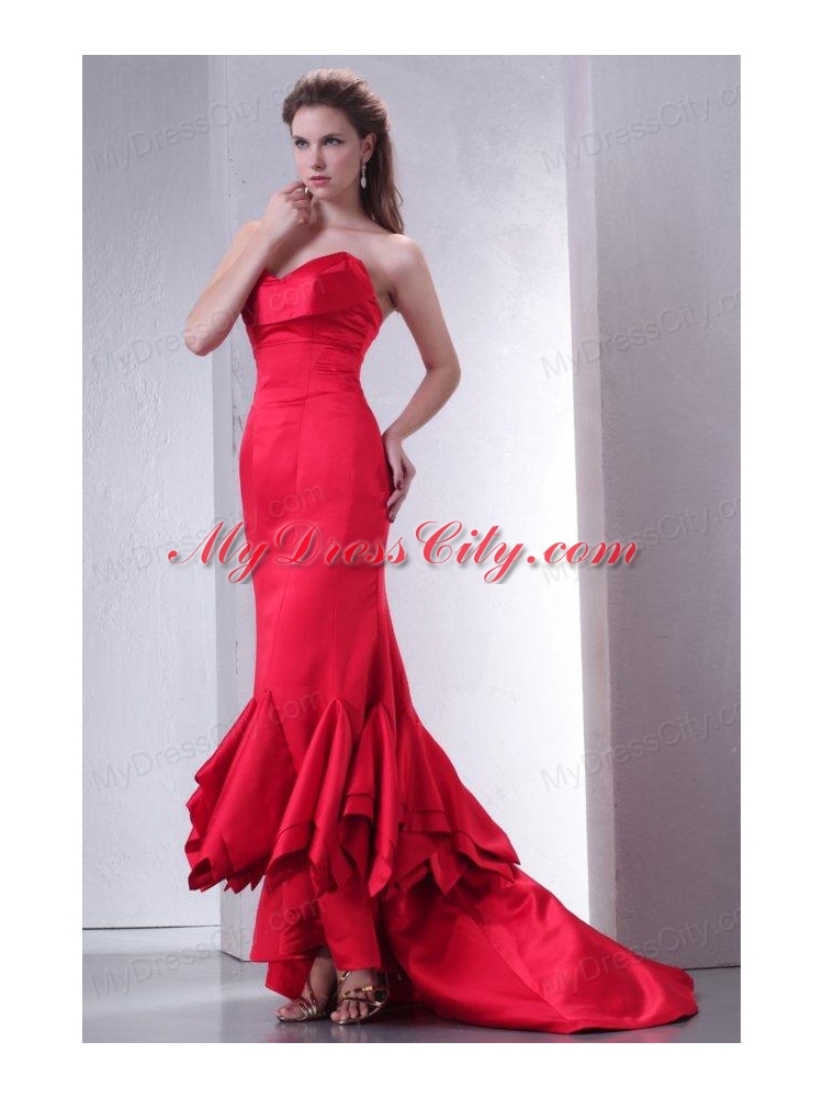 Coral Red Mermaid Sweetheart High-low Prom Dress with Ruffles