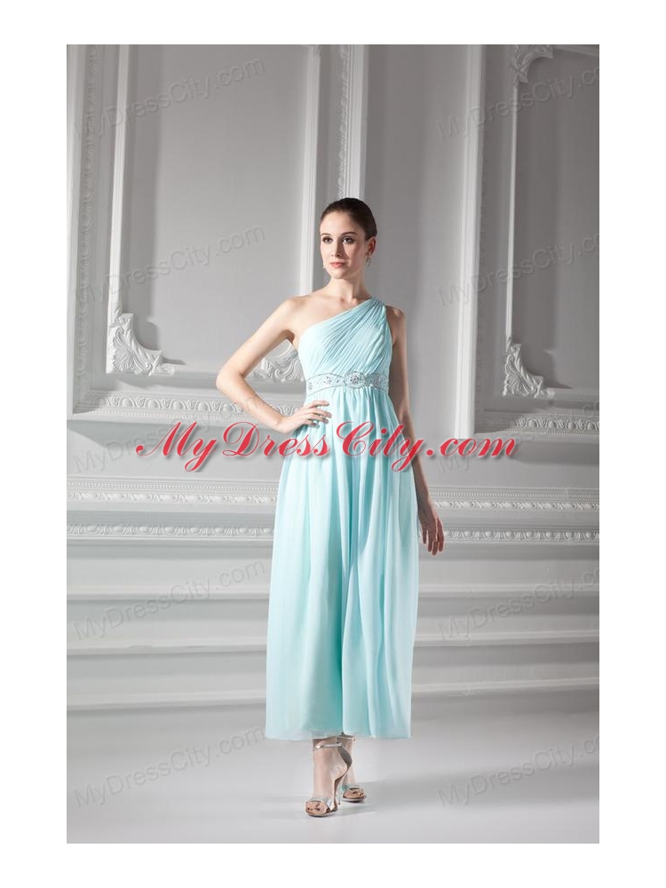 Empire Light Blue One Shoulder Beading and Ruching Prom Dress