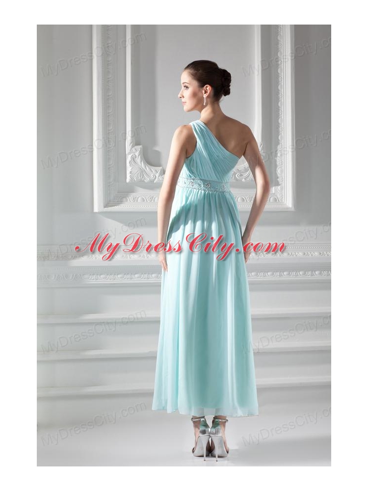 Empire Light Blue One Shoulder Beading and Ruching Prom Dress