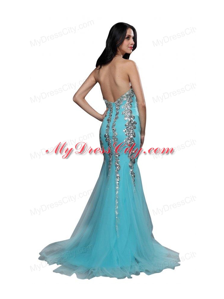 Mermaid Sweetheart Appliques Light Blue Brush Train Prom Dress