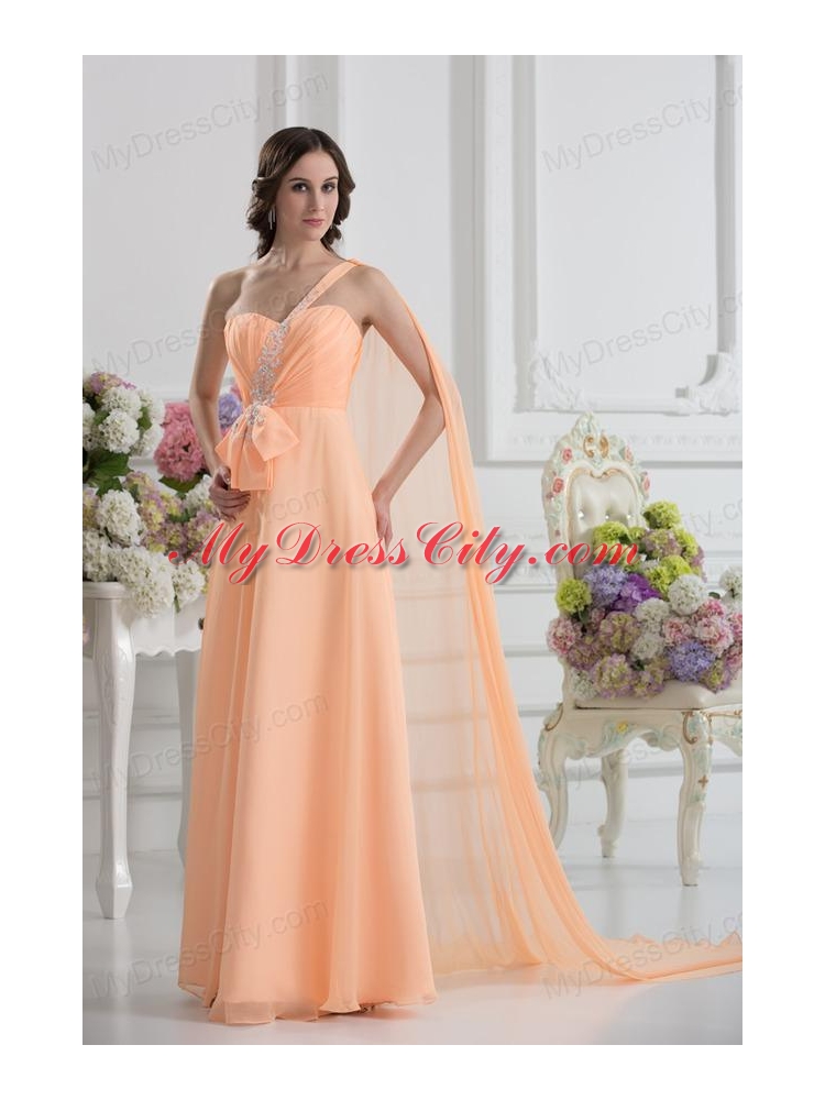 One Shoulder Empire Prom Dress with Watteau Train with Orange