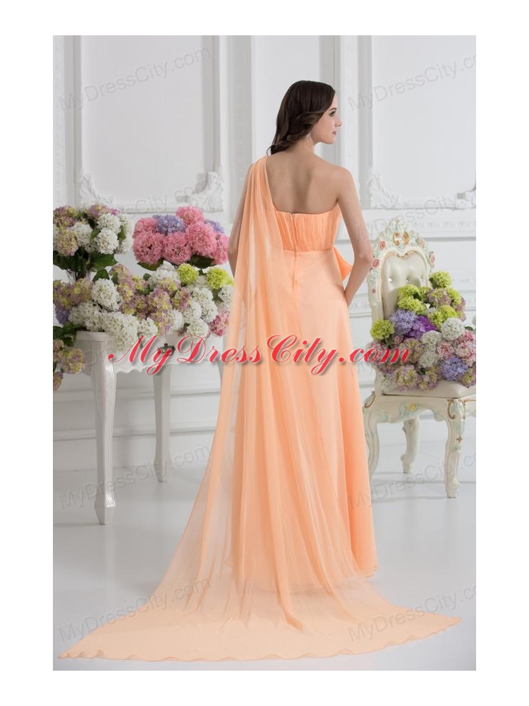 One Shoulder Empire Prom Dress with Watteau Train with Orange