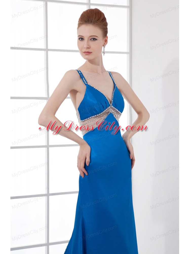 Spaghetti Straps Empire Blue Chiffon Beading Brush Train Prom Dress
