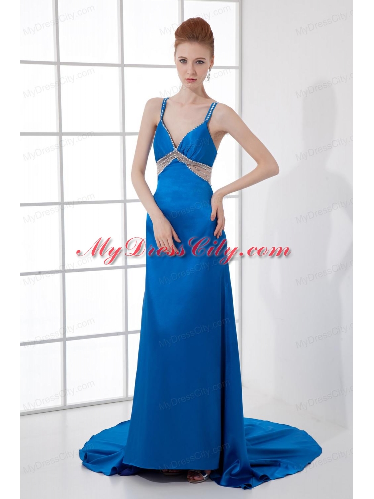 Spaghetti Straps Empire Blue Chiffon Beading Brush Train Prom Dress