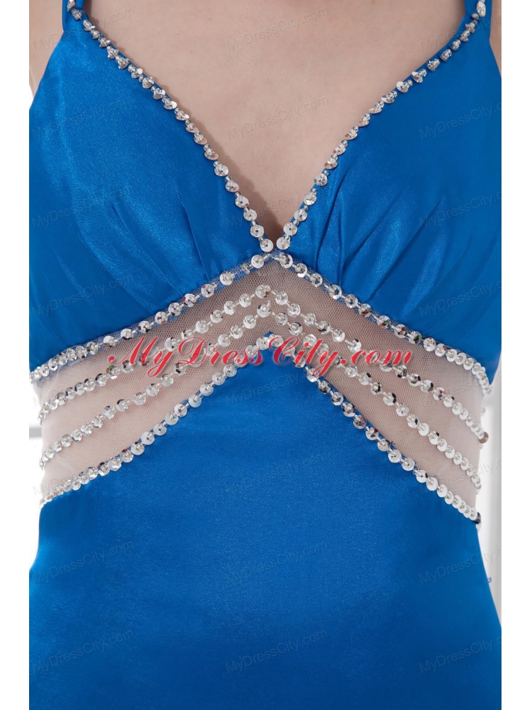 Spaghetti Straps Empire Blue Chiffon Beading Brush Train Prom Dress