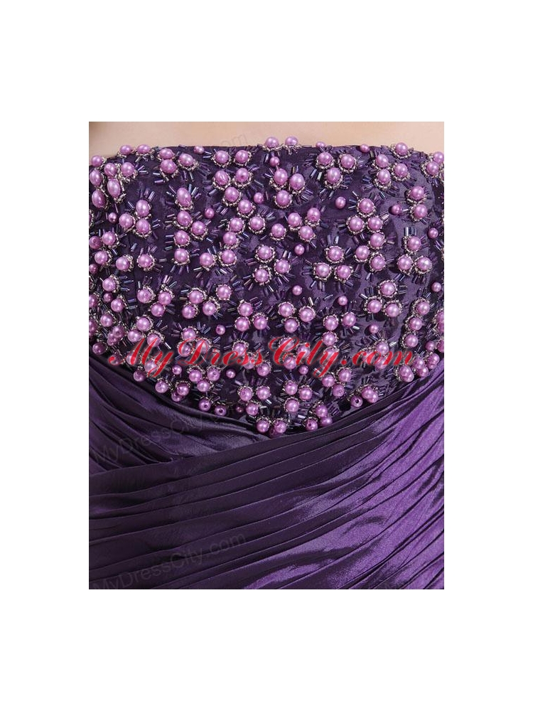 Strapless Floor-length Beading Taffeta Eggplant Purple Prom Dress