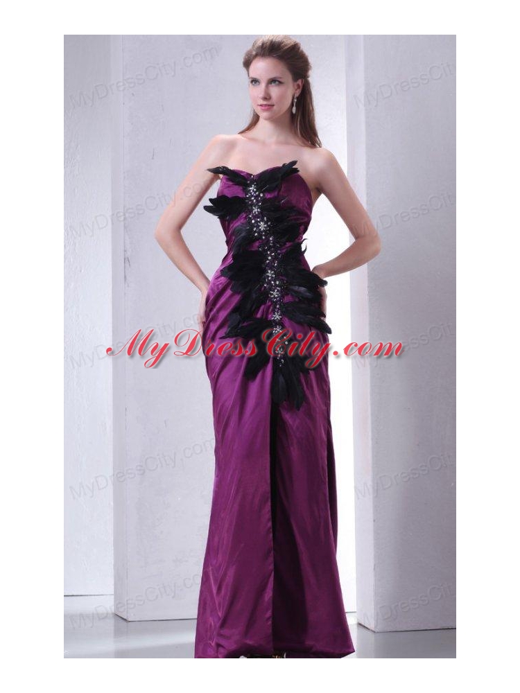 Sweetheart Column Beading and Feather Prom Dress in Dark Purple