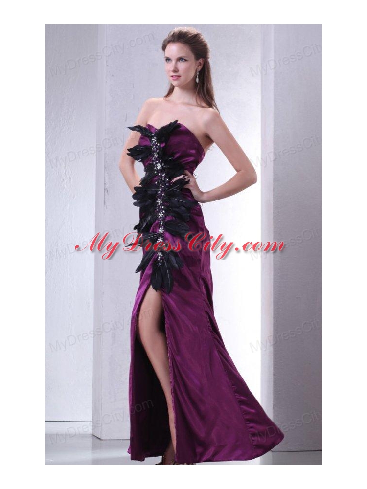 Sweetheart Column Beading and Feather Prom Dress in Dark Purple