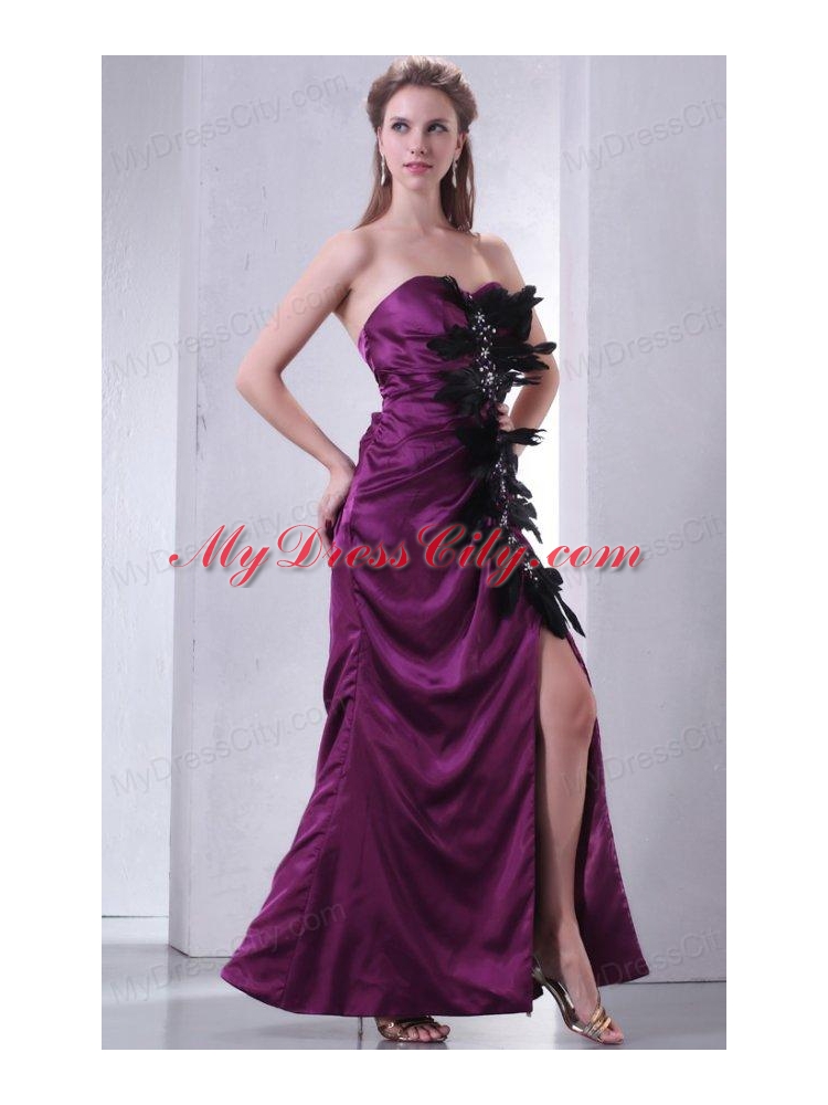 Sweetheart Column Beading and Feather Prom Dress in Dark Purple
