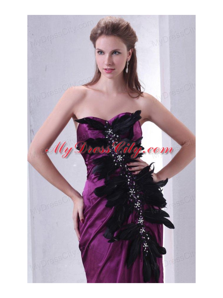 Sweetheart Column Beading and Feather Prom Dress in Dark Purple
