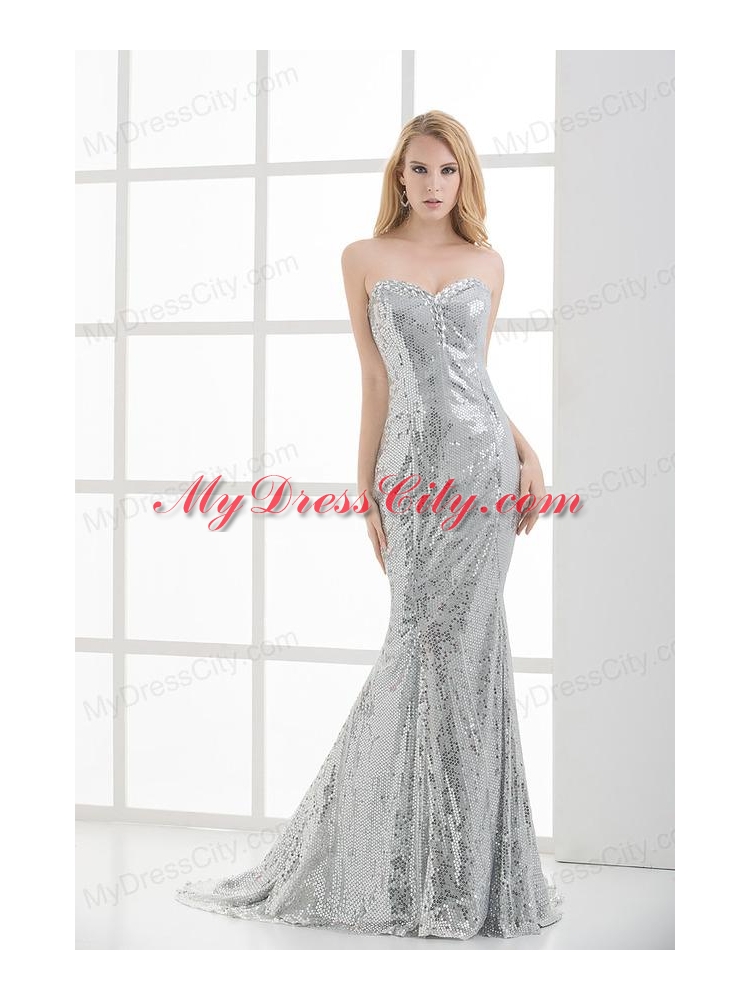 Sweetheart Sleeveless Silver Mermaid Brush Train Prom Dress with Sequins