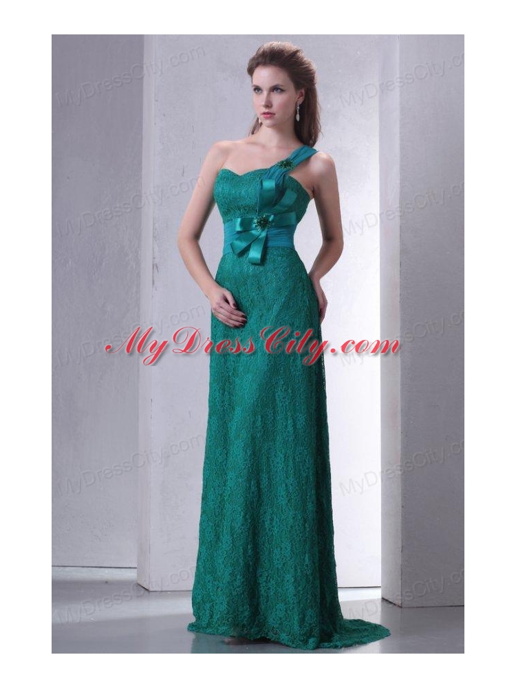 Turquoise Empire One Shoulder Lace Prom Dress with Flowers
