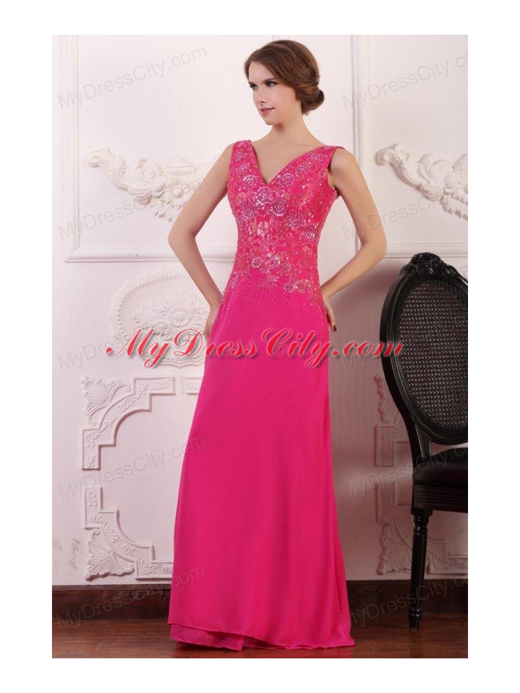V-neck Empire Chiffon Appliques with Beading Prom Dress in Hot Pink