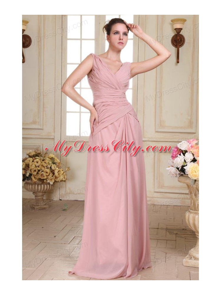 V-neck Floor-length Ruche Decorate Empire Chiffon Prom Dress