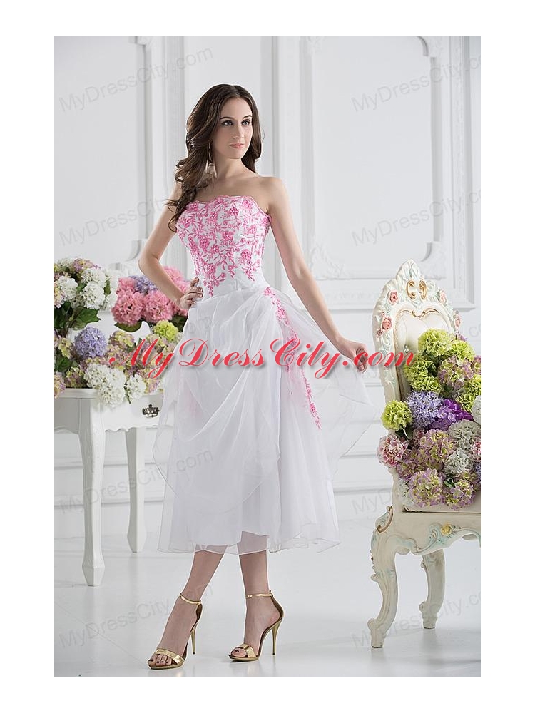 A-line Strapless White Organza Tea-length Prom Dress with Appliques