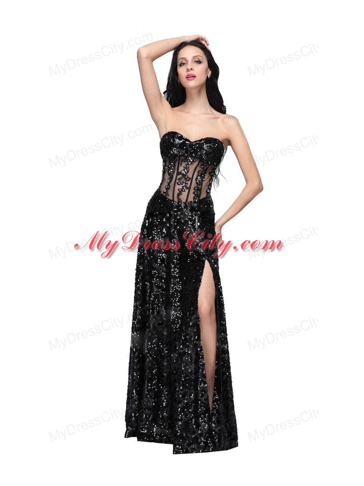 Column Black Sweetheart Long Sleeves Sequins High Slit Prom Dress