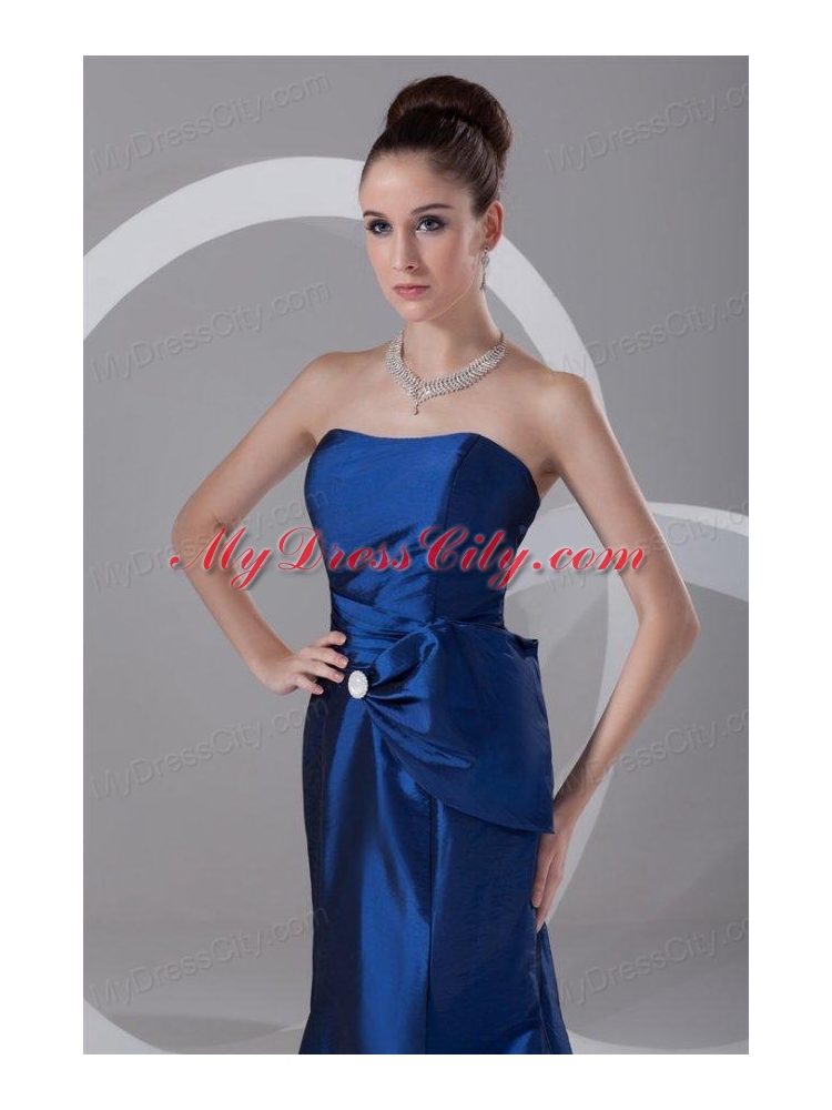 Column Blue Strapless Floor-length Taffeta Ruching Prom Dress
