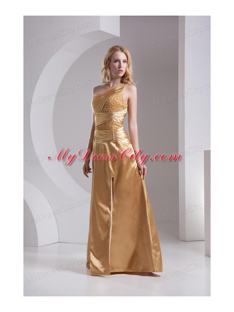 Column One Shoulder High Slit Beading Ruching Taffeta Prom Dress in Gold