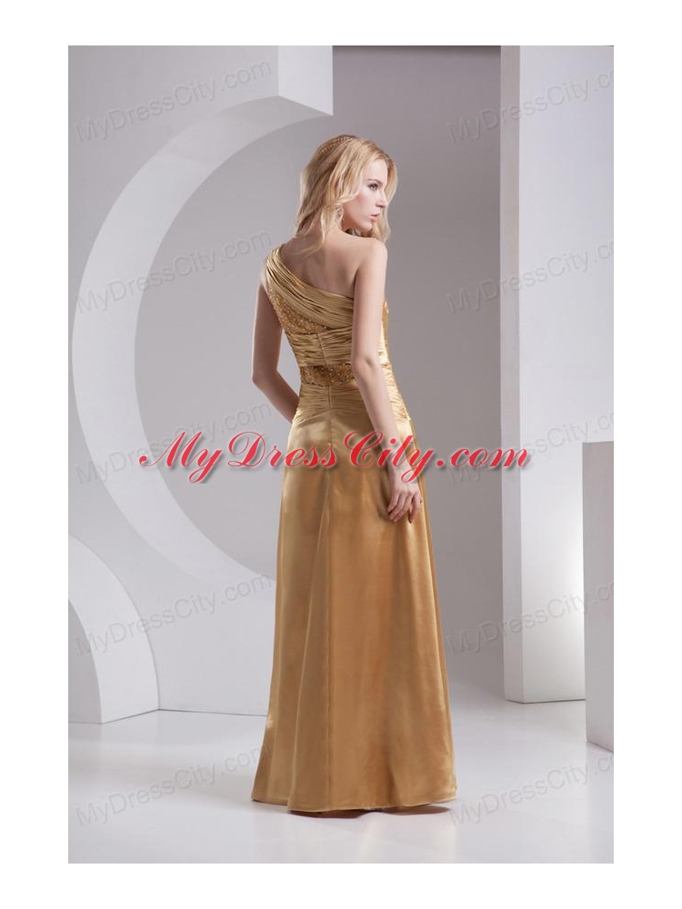 Column One Shoulder High Slit Beading Ruching Taffeta Prom Dress in Gold