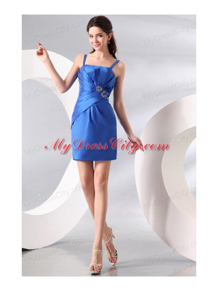 Column Straps Blue Ruching and Beading Short Prom Dress 