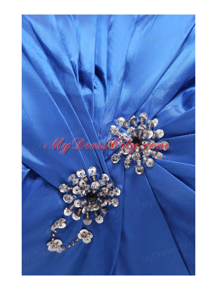 Column Straps Blue Ruching and Beading Short Prom Dress 