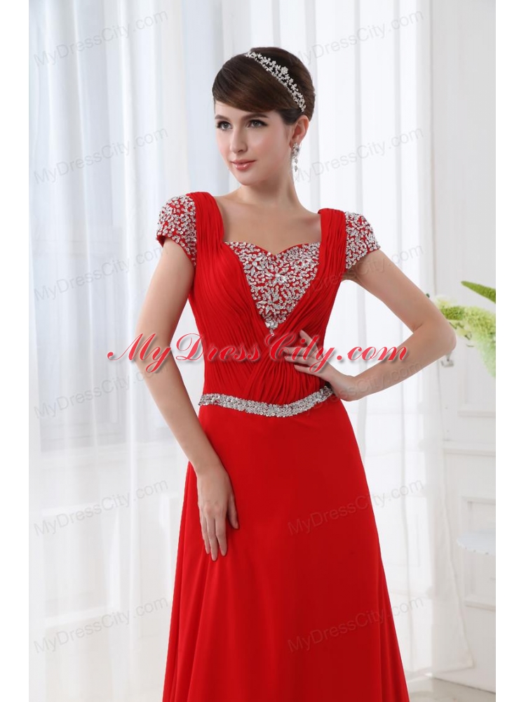 Empire Red Floor-length Square Beading and Ruching Cap Sleeves Prom Dress