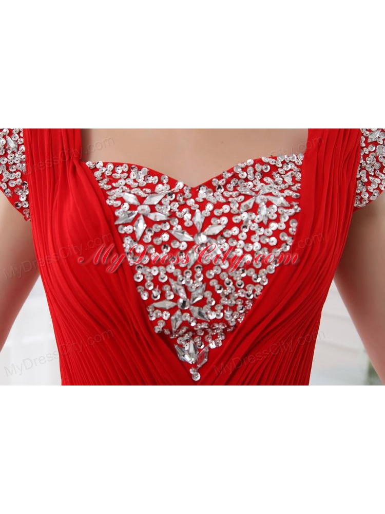 Empire Red Floor-length Square Beading and Ruching Cap Sleeves Prom Dress