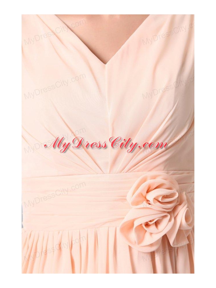 Empire V-neck Champagne Hand Made Flower and Ruching Short Prom Dress