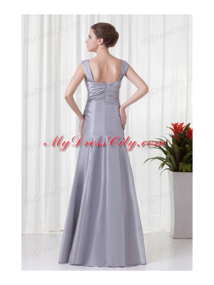 Grey Column Straps Taffeta Beading and Ruching Prom Dress