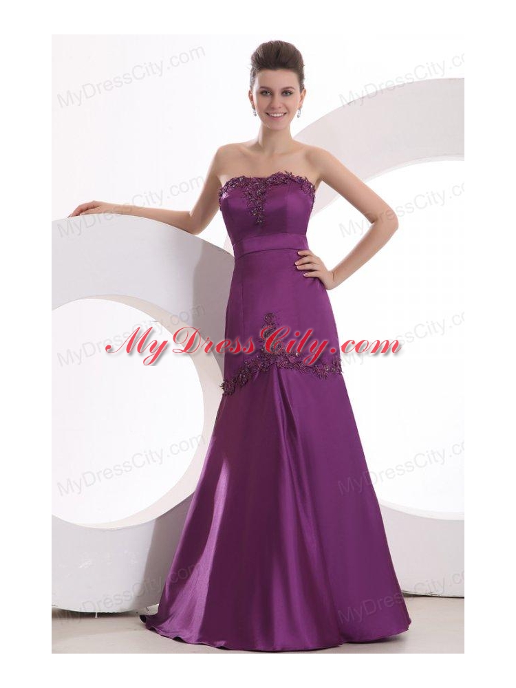 Mermaid Strapless Purple Floor-length Satin Prom Dress with Appliques
