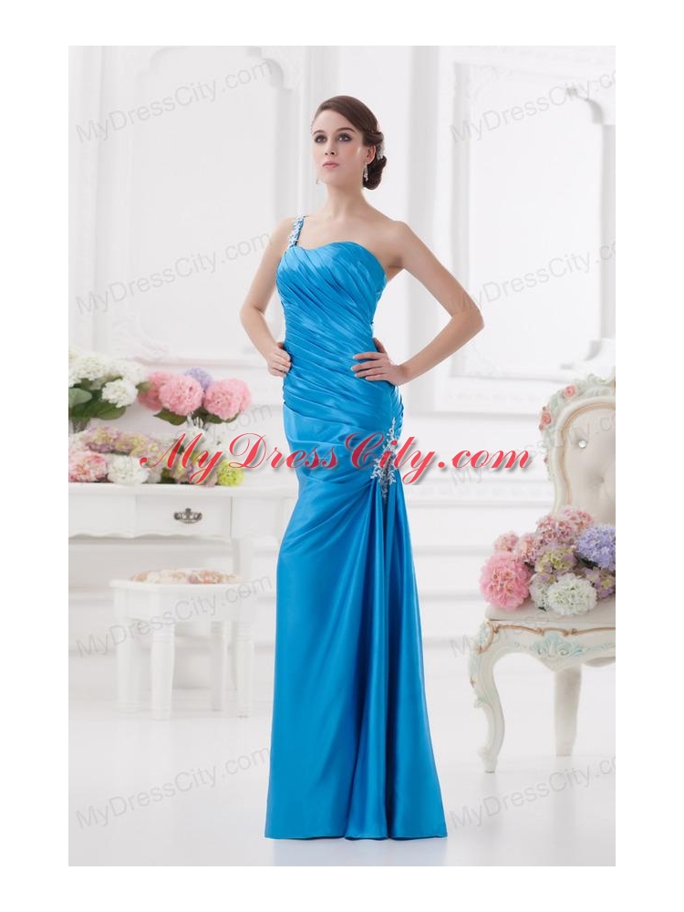 One Shoulder Column Ruching and Appliques Teal Prom Dress