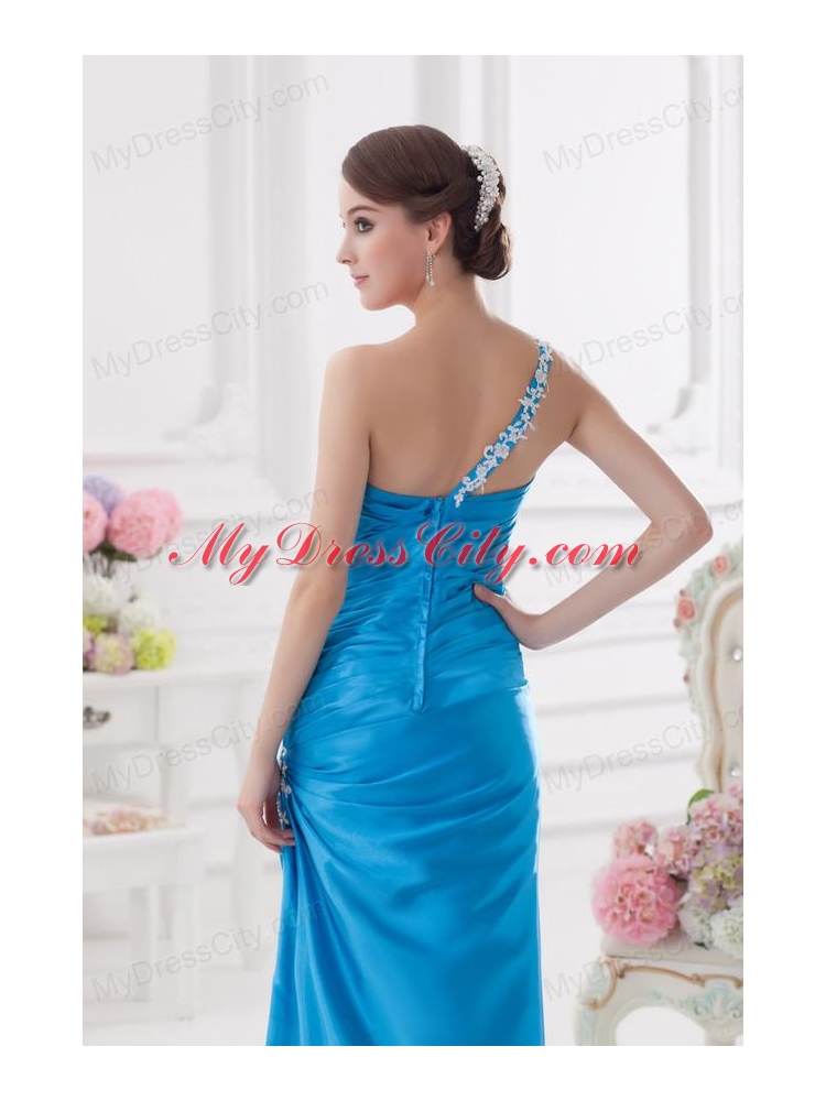 One Shoulder Column Ruching and Appliques Teal Prom Dress