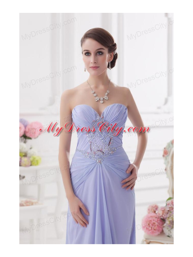 Sweetheart Brush Train Lavender Prom Dress with Ruching and Beading