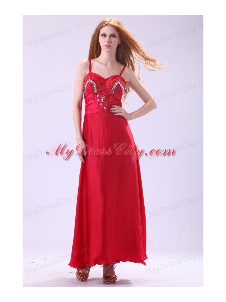 2014 Column Straps Ankle-length Beading Red Chiffon Prom Dress