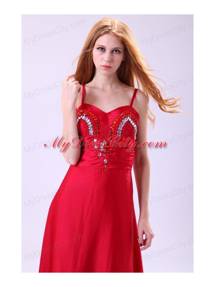 2014 Column Straps Ankle-length Beading Red Chiffon Prom Dress