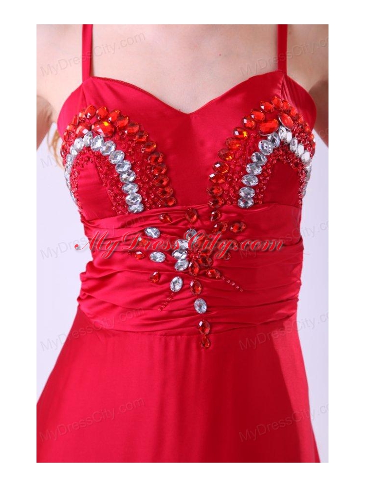 2014 Column Straps Ankle-length Beading Red Chiffon Prom Dress