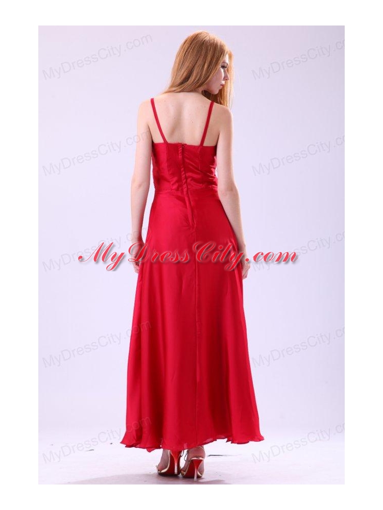 2014 Column Straps Ankle-length Beading Red Chiffon Prom Dress