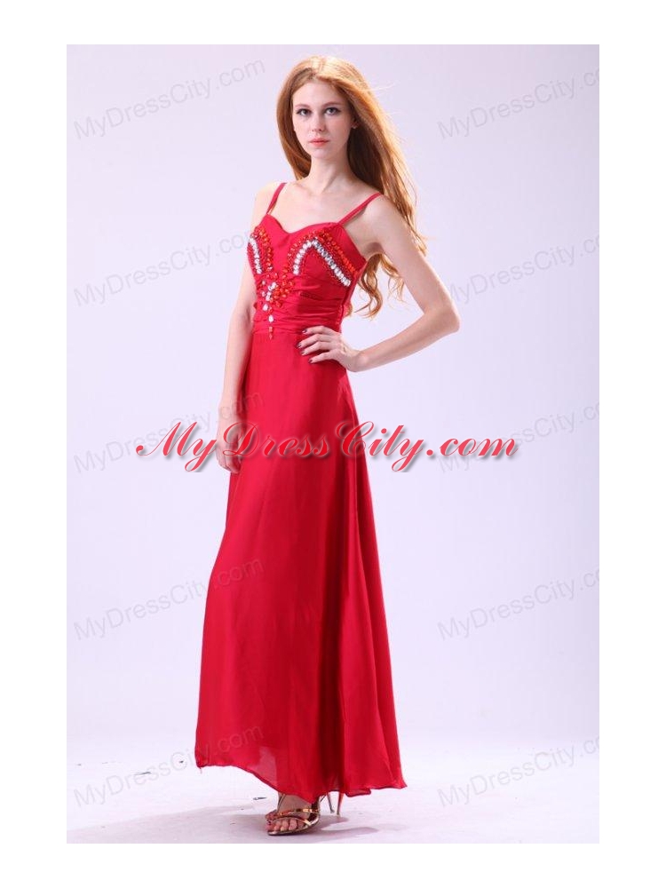 2014 Column Straps Ankle-length Beading Red Chiffon Prom Dress