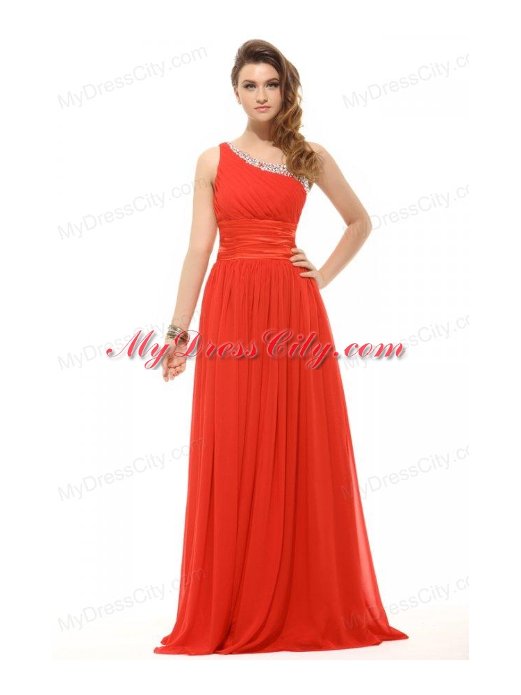 2014 Empire One Shoulder Chiffon Beading and Ruching Red Prom Dress